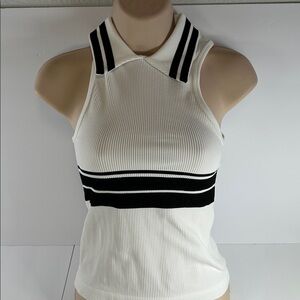 Maeve sleevless tank tee shirt S/M collared stretch white black strips